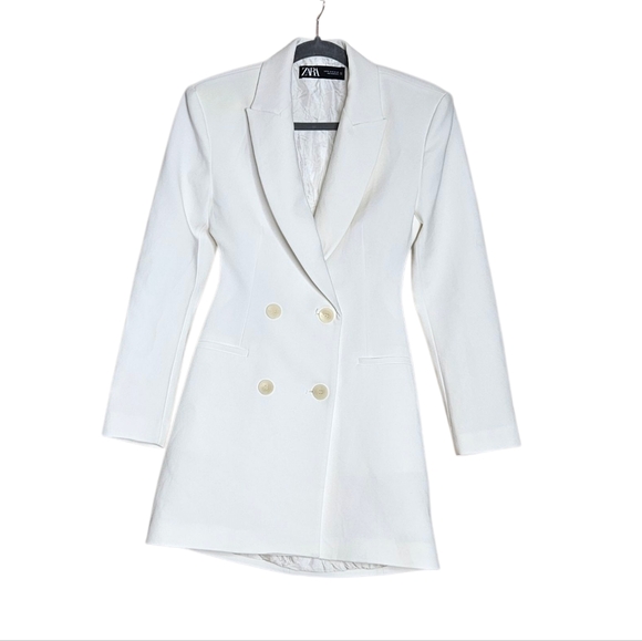 ZARA White DoubleBreasted Blazer Dress with CutOut Back Long Sleeves XS